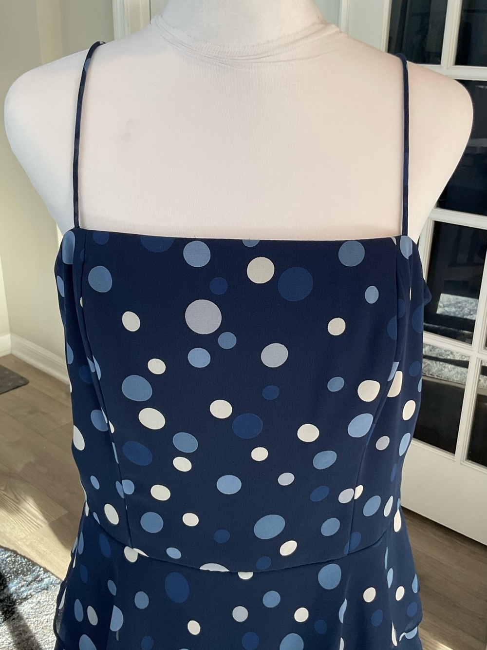 Dressbarn Navy Blue Polka Dot Tiered Chiffon Midi Dress Ruffle Size 12 GUC - Picture 8 of 13